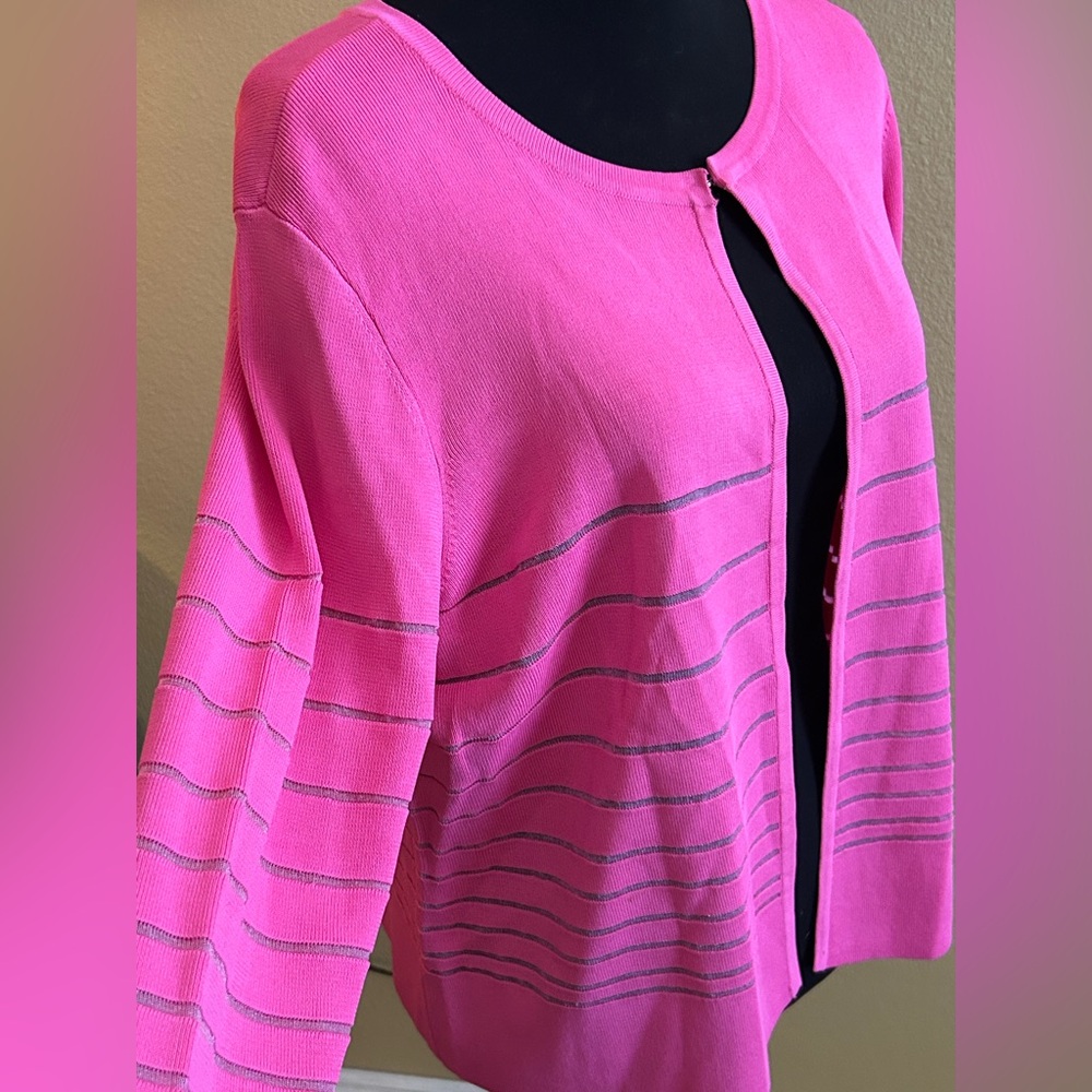 Peter Nygard Hot Pink Open-Front Cardigan with Sheer Silver Stripes - Picture 2 of 6